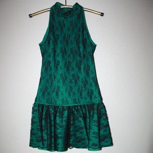 VTG 80s* Lace ILGWU Drop Waist High Neck Mini Dress
